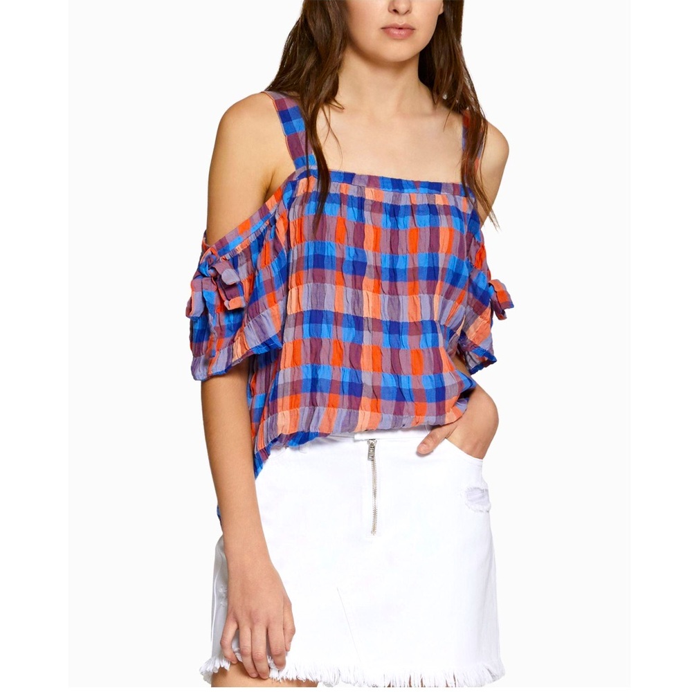NWT Sanctuary Cold Shoulder Top Blouse Plaid Orange Blue XS